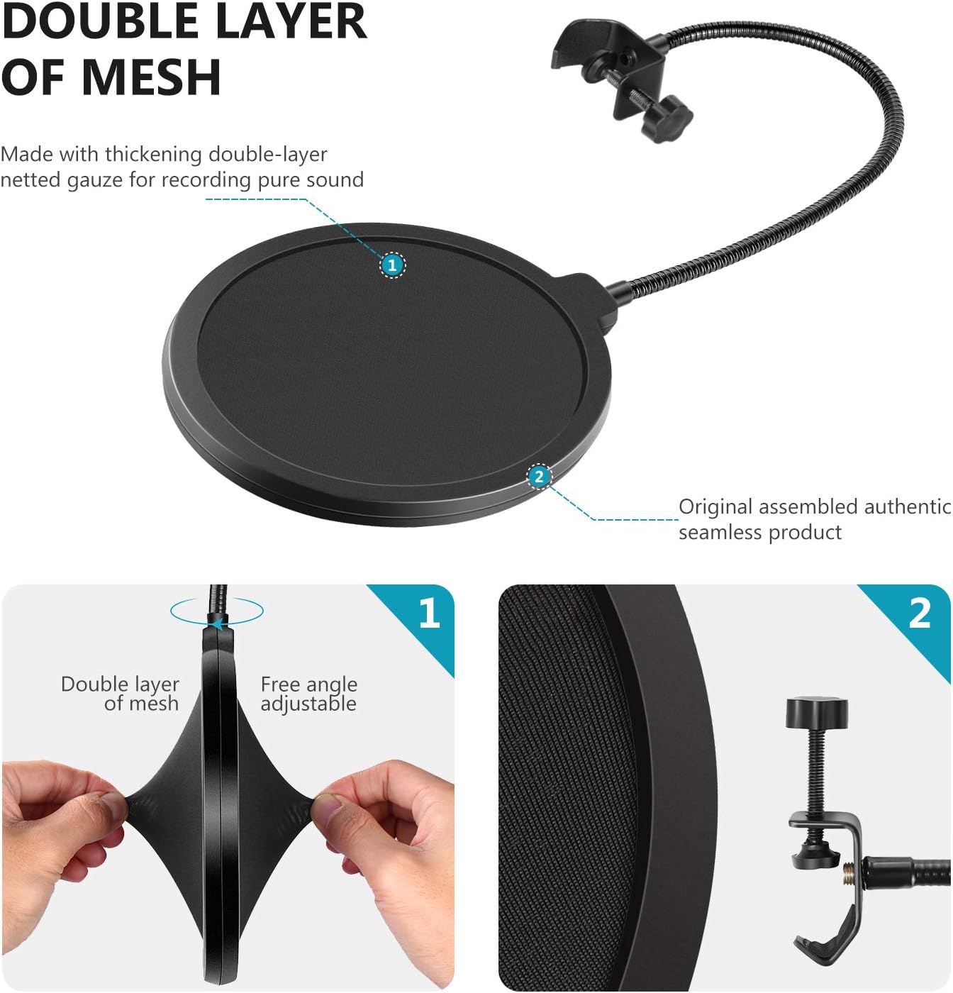 Neewer Professional Microphone Pop Filter Shield Compatible with Blue Yeti and Any Other Microphone, Dual Layered Wind Pop Screen With A Flexible 360 Degree Gooseneck Clip Stabilizing Arm: Musical Instruments