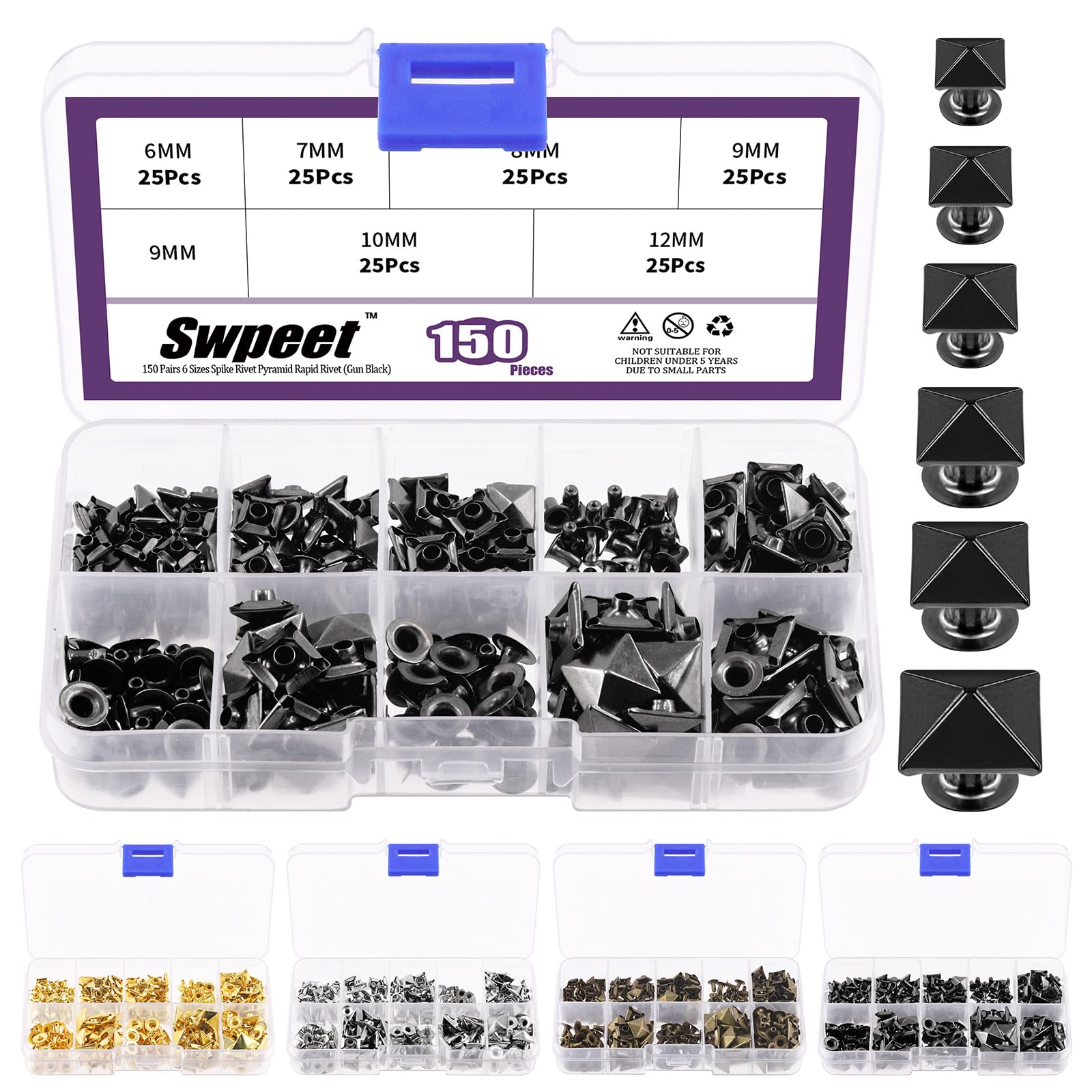 Swpeet 150Pcs 6 Sizes 6mm/7mm/8mm/9mm/10mm/12mm Gun Black Spike Rivet Pyramid Rapid Rivet Studs Kit, Square Rivets Metal Pyramid Fits for Bag Leather Clothing Shoes Rivet Handicraft DIY Punk