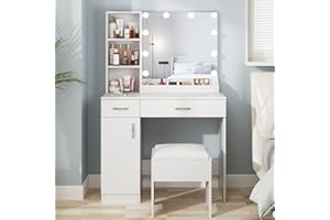 Fameill White Vanity Desk with Mirror and Lights,Makeup Vanity with 2 Drawers Lots Storage,Makeup Table with Lighted Mirror,3 Lighting Colors, Brightness Adjustable,35in(L)