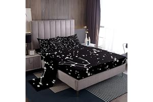 FEELYOU Galaxy Sheets Set Queen Size For Kids Girls Boys Outer Space Starry Sky Bedding Set Teens Constellation Twinkle Stars Bed Sheet Set Microfiber Super Soft Breathable Black White Milky Way Bed Cover