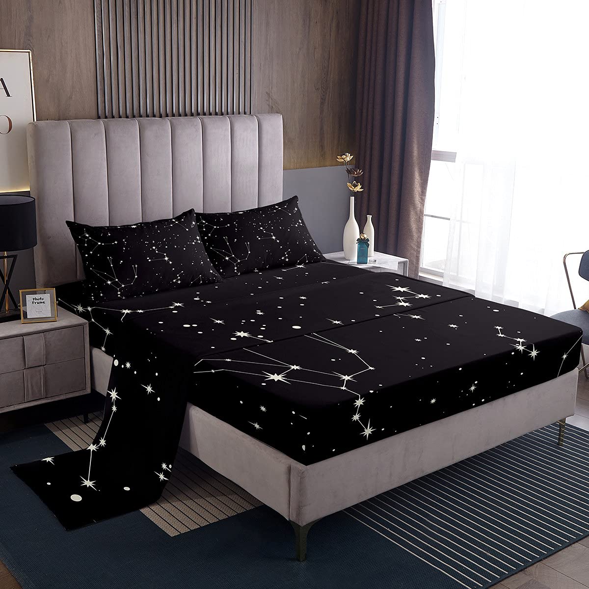 Galaxy Sheets Set Double Size For Kids Girls Boys Outer Space Starry Sky Bedding Set Teens Constellation Twinkle Stars Bed Sheet Set Microfiber Super Soft Breathable Black White Milky Way Bed Cover
