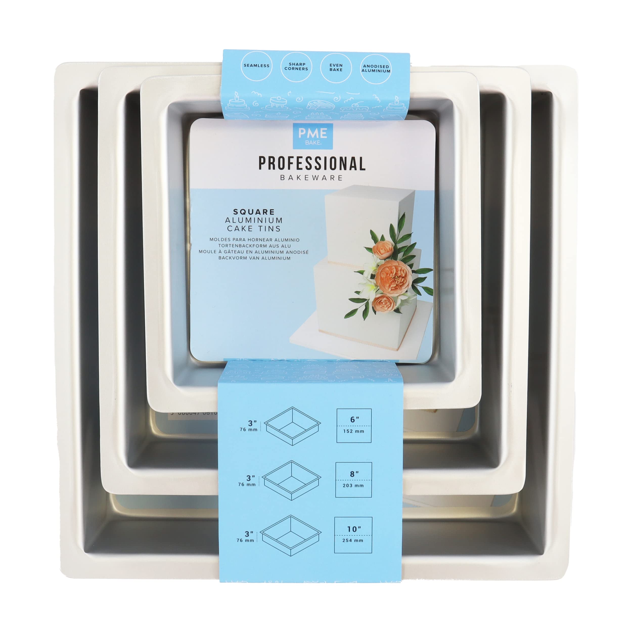 PME Square Cake Pans 6, 8, 10-Inch x 3-Inch Deep, Set of 3, Silver (SQRB68103)