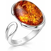 HolidayGiftShops Sterling Silver and Baltic Honey Amber Oval Adjustable Ring