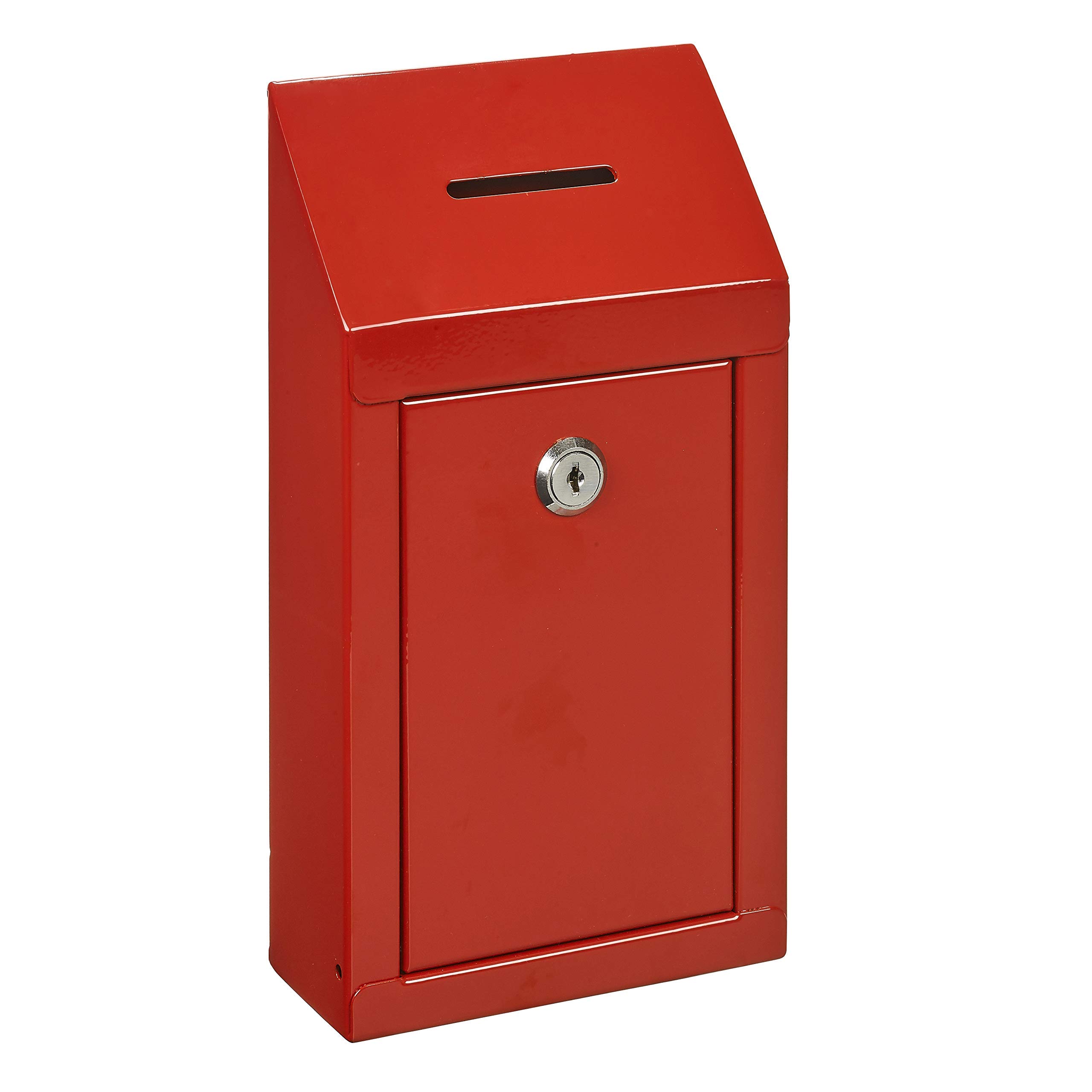 Metal Wall Mounting or CounterTop Charity Donation Collection Box Secure Suggestion and Ballot Box With Top Coin Slot, Lock Included with 2 Keys (Red) — image 1