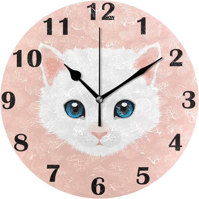 White Persian Cat Wall Clock Non Ticking Silent Desk Round