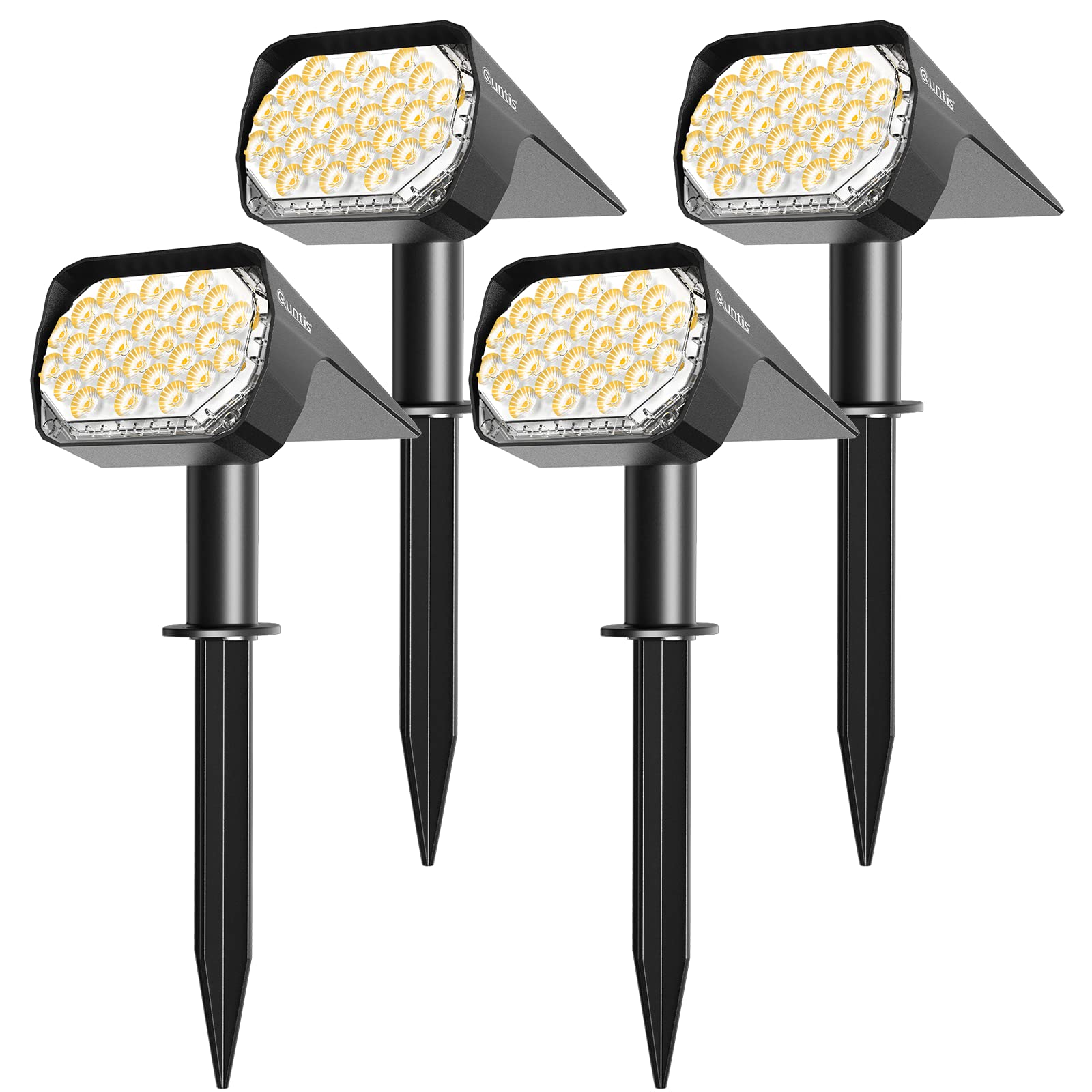 Quntis Solar Spotlights - 2-in-1 Adjustable Outdoor Garden Lights, IP65 Waterproof, Warm White for Fence, Pathway, Porch, Walkway, Lawn Decoration - 4 Pack