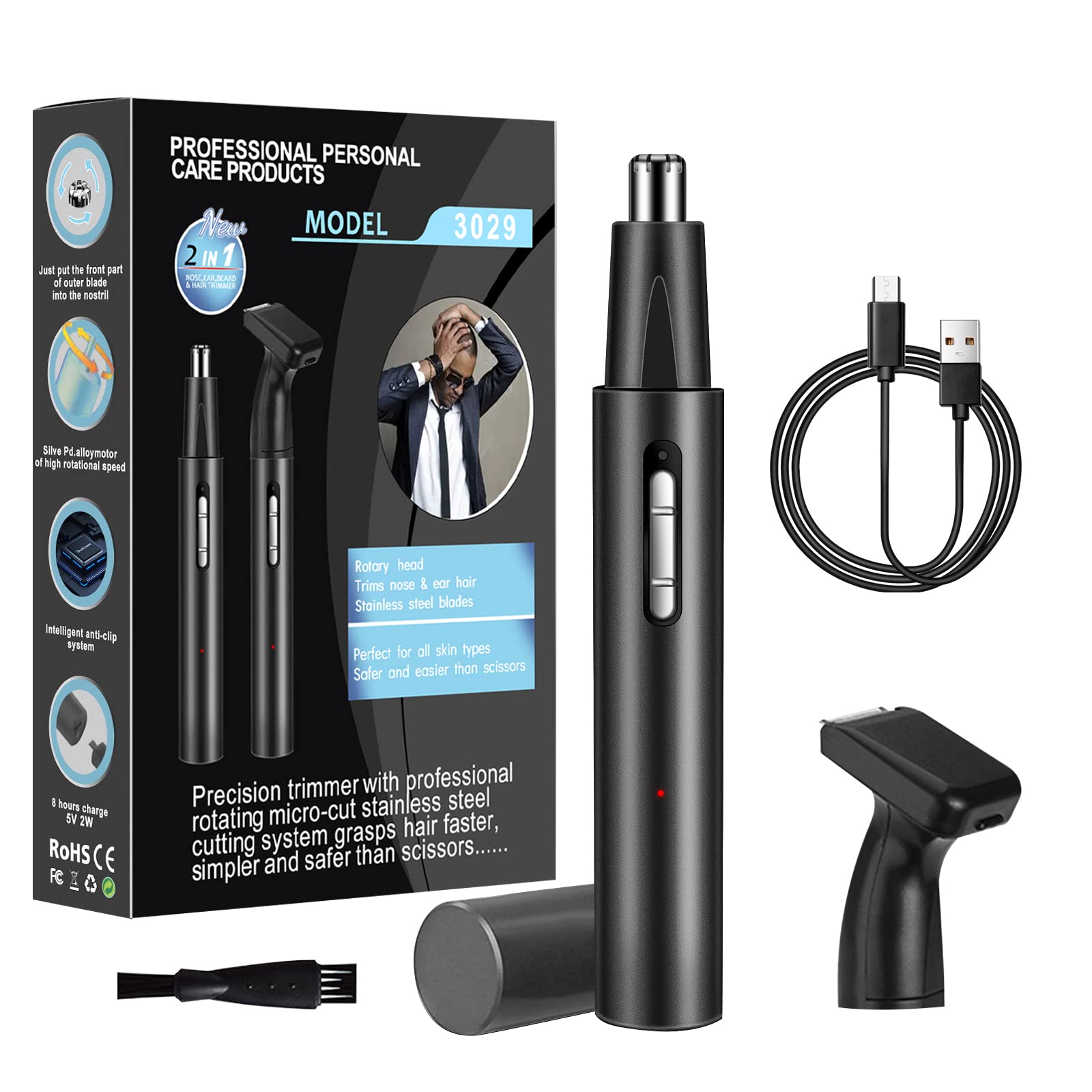 HIYAA Nose Hair Trimmer for Men& Women, IPX7 Waterproof Painless USB Rechargeable Metal Nasal & Ear Hair Trimmer, Portable Low Noise Dual-Edge Nose Trimmer, Wet & Dry, Easy Cleansing, Black