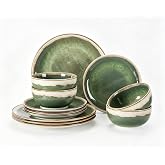 Sweejar 12 Pieces Ceramic Dinnerware Sets for 4, Moss Green | Gradient Glaze Plates and Bowls Set, Microwave &amp; Dishwasher Safe, Stackable Dish Set, Scratch Resistant Dishware Sets