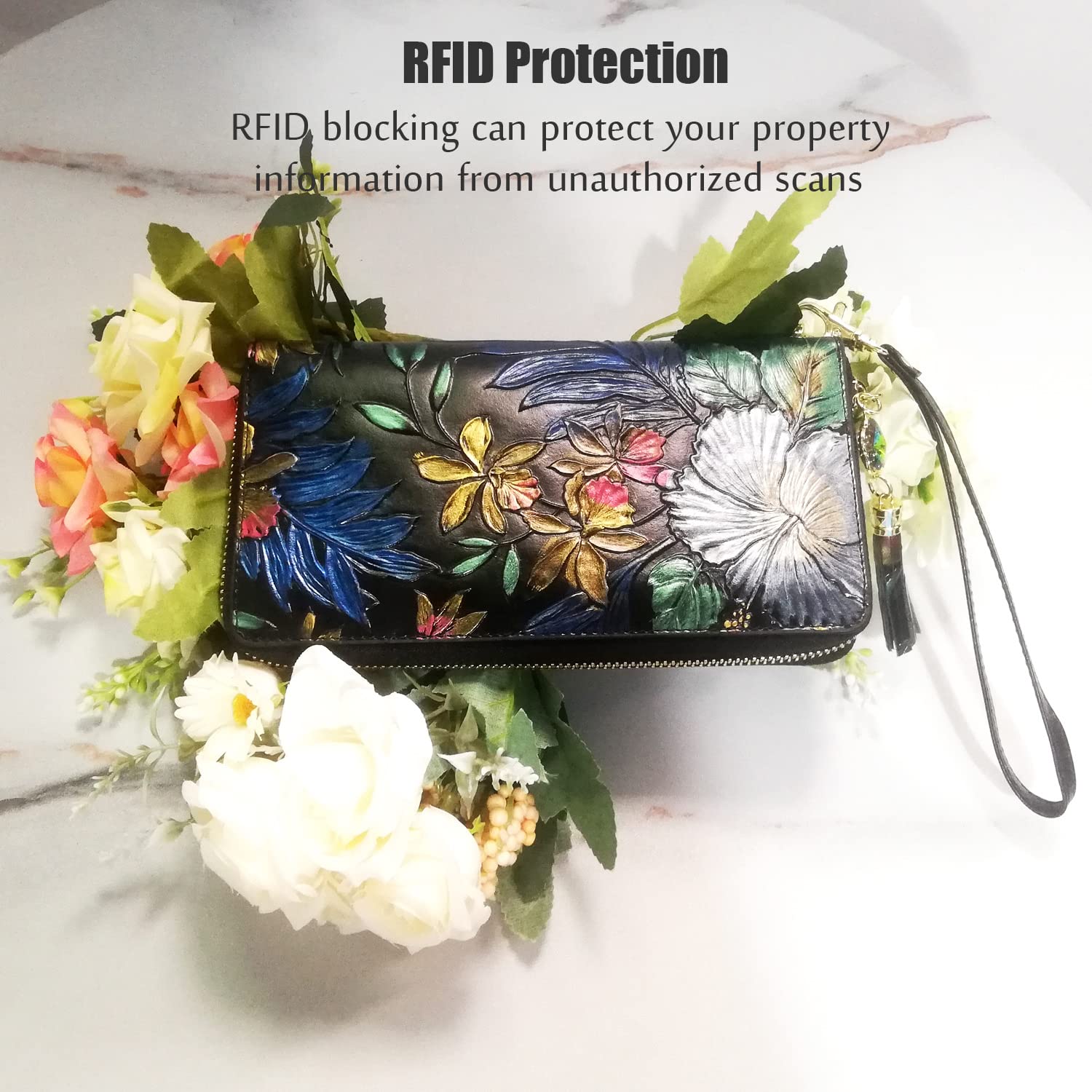 Women\'s Wallet Genuine Leather, RFID Blocking Large Capacity Female Purse, Lady\'s Zipper Money Cards Holder with Wristlet, Birthday Gift (Retro Aesthetics)