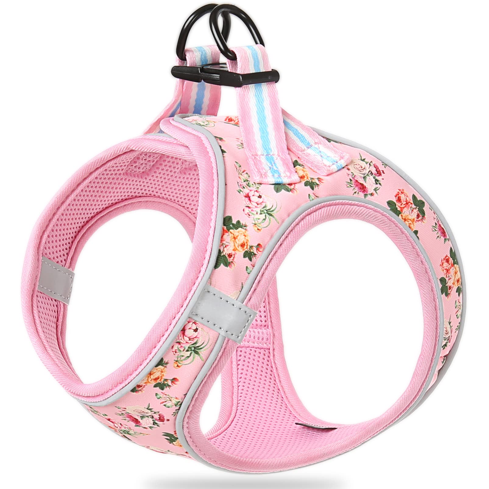 HEELE Small Dog Puppy Step-in Soft Mesh Harness - Reflective, Breathable, Pink Flower Pattern, Comfortable for Walking & Training, Pink Flower, S