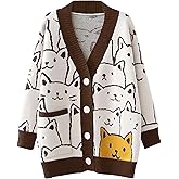 Flygo Cat Sweaters for Women Oversized Chunky Button Down Knit 2025 Fall Cardigan Cute Cartoon Sweater Kawaii Clothes