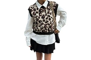 WDIRARA Women's Knitwear Leopard Contrast Trim Sweater Vests Crew Neck Sleeveless Knit Tops
