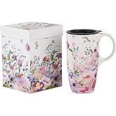 Topadorn Ceramic Travel Mugs Porcelain Latte Tea Cup Coffee Mug with Gift Box, 17oz. Pink Garden