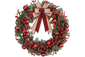 CULUDEA Christmas Wreaths for Front Door Outside Decor, 20" Red Berries Ornaments Balls Pine Branches Winter Artificial Wreath Decorations with Plaid Bow for Xmas Holiday Home Wall Fireplace Indoor Porch