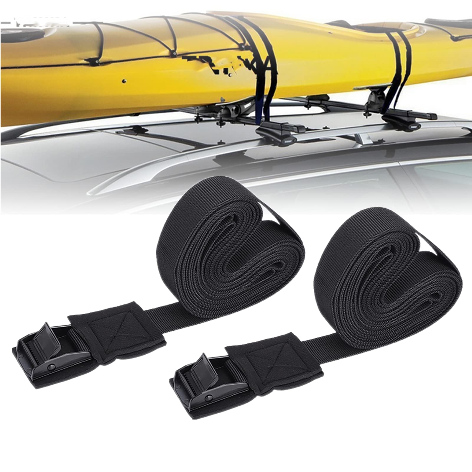 2pcs Kayak Tie Down Straps, Heavy Duty Lashing Straps Cargo Tie-Down Strap, Outdoor Surfboard Kayak Roof Rack Cam Buckle Lock Paddle Board Carrier Sling Strap for Carrying Any Luggage, 300 x 2.5cm