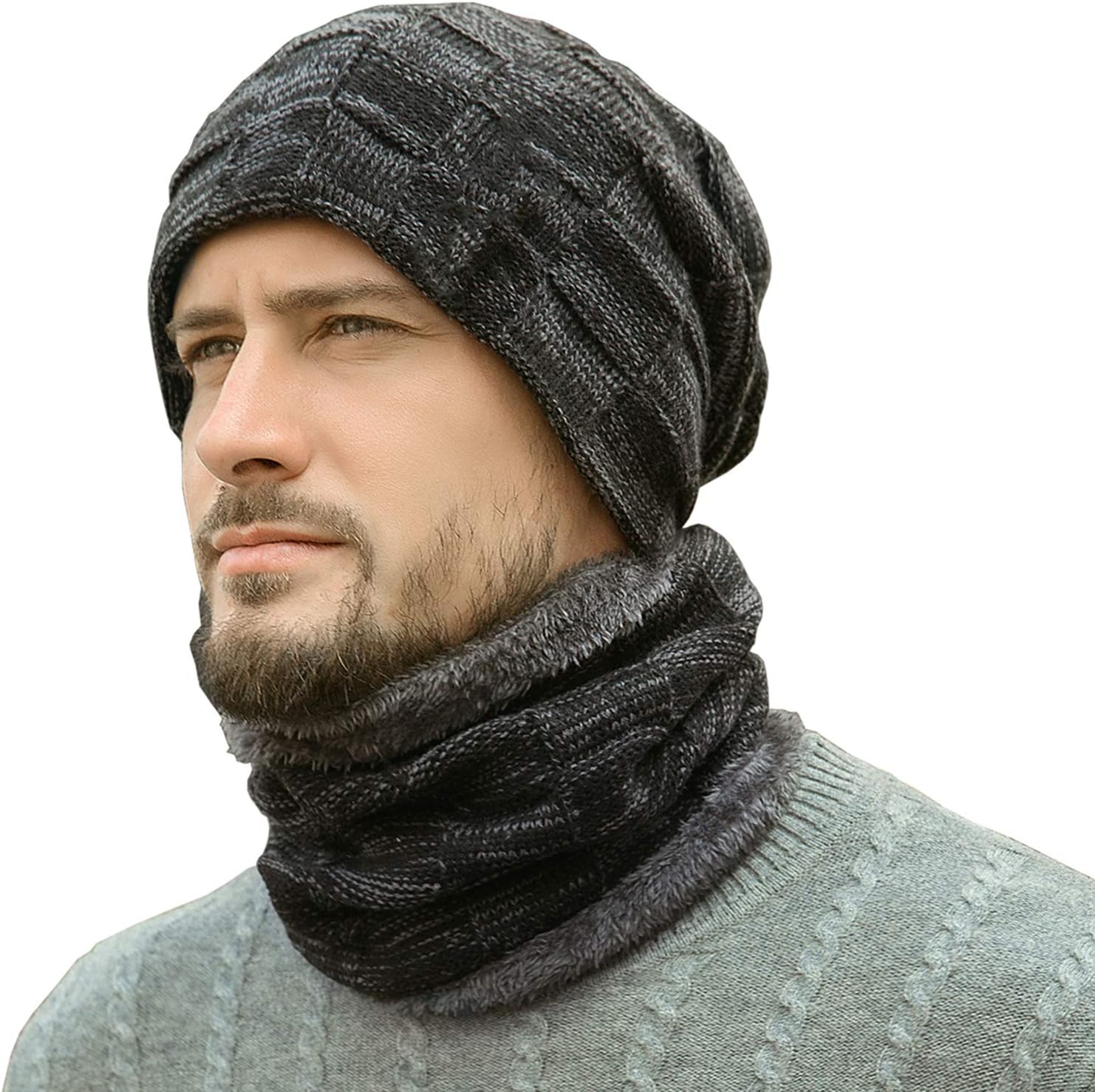 Winter Beanie Hats Scarf Set Warm Knit Hats Skull Cap Neck Warmer with Thick Fleece Lined Winter Hat & Scarf for Men Women
