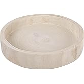 Round Hand-Carved Decorative Paulownia Wood Tray, Whitewashed Finish
