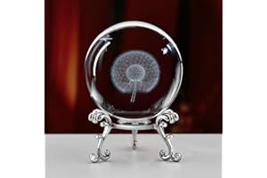 QIANCHANG 3D Laser Etched Dandelion Crystal Ball with Stand, 60mm Dandelion in Glass Ball Paperweight Gift, Crystal Sphere Decorations for Home