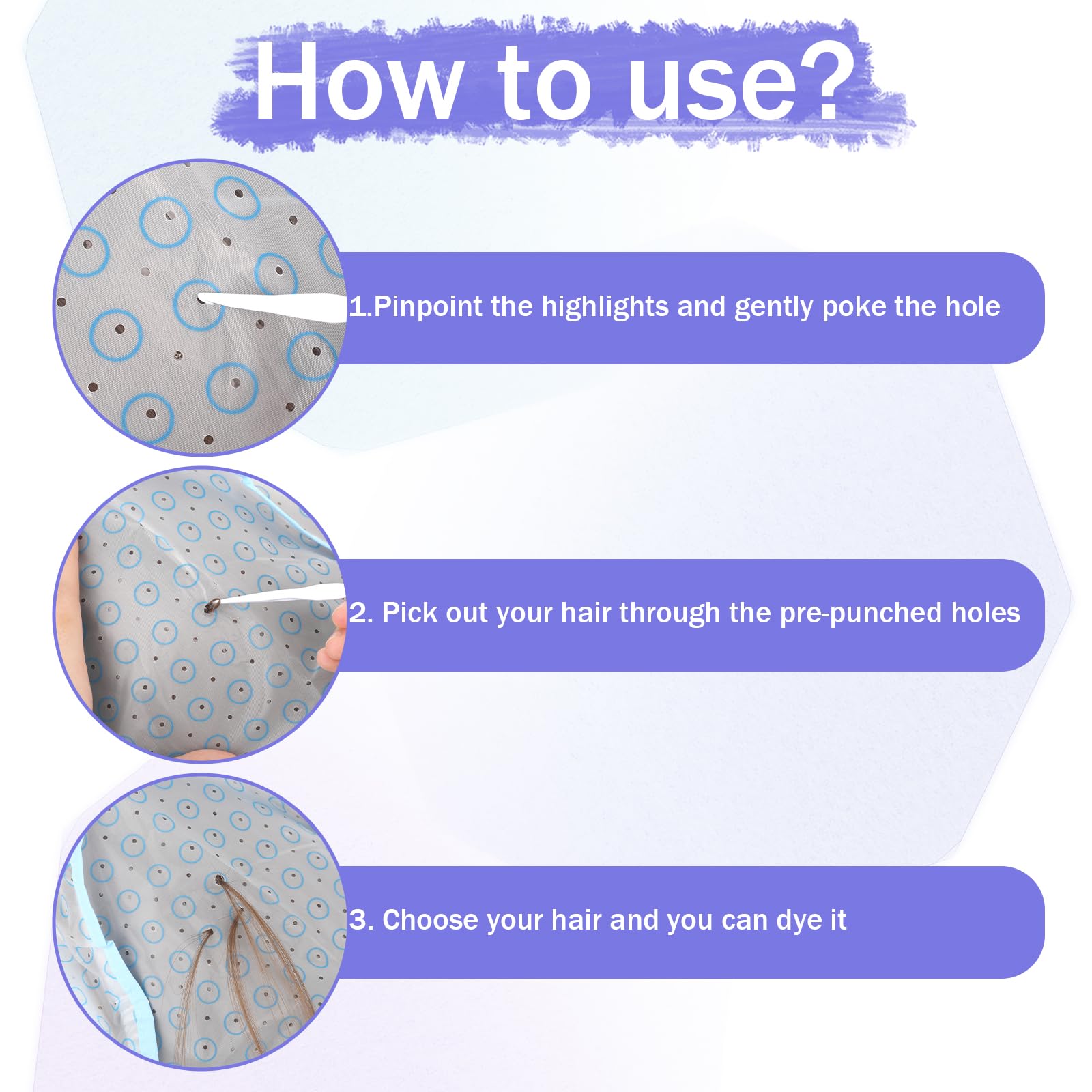 Bewudy 3 Pcs Hair Highlighting Caps, Highlighting Kit, Highlight Cap with Hooks, Highlight Hair Coloring Frosting Dye Kit for Salon Hair Dyeing Hairdressing