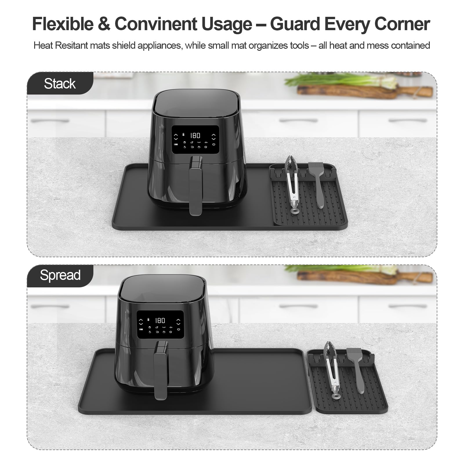 Silicone Heat Resistant Mats for Countertop,24x16 Inch Air Fryer Mat with Kitchen Accessories Holder Pad for Microwave/Oven,Compatible with Ninja/Cosori/Chefman/Toshiba,Kitchen Countertop Protector
