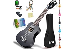 iECO Soprano Ukulele Beginner Kit for Kids Adults 21 Inch Ukelele w/Case Strap Tuner Strings Picks (Black)