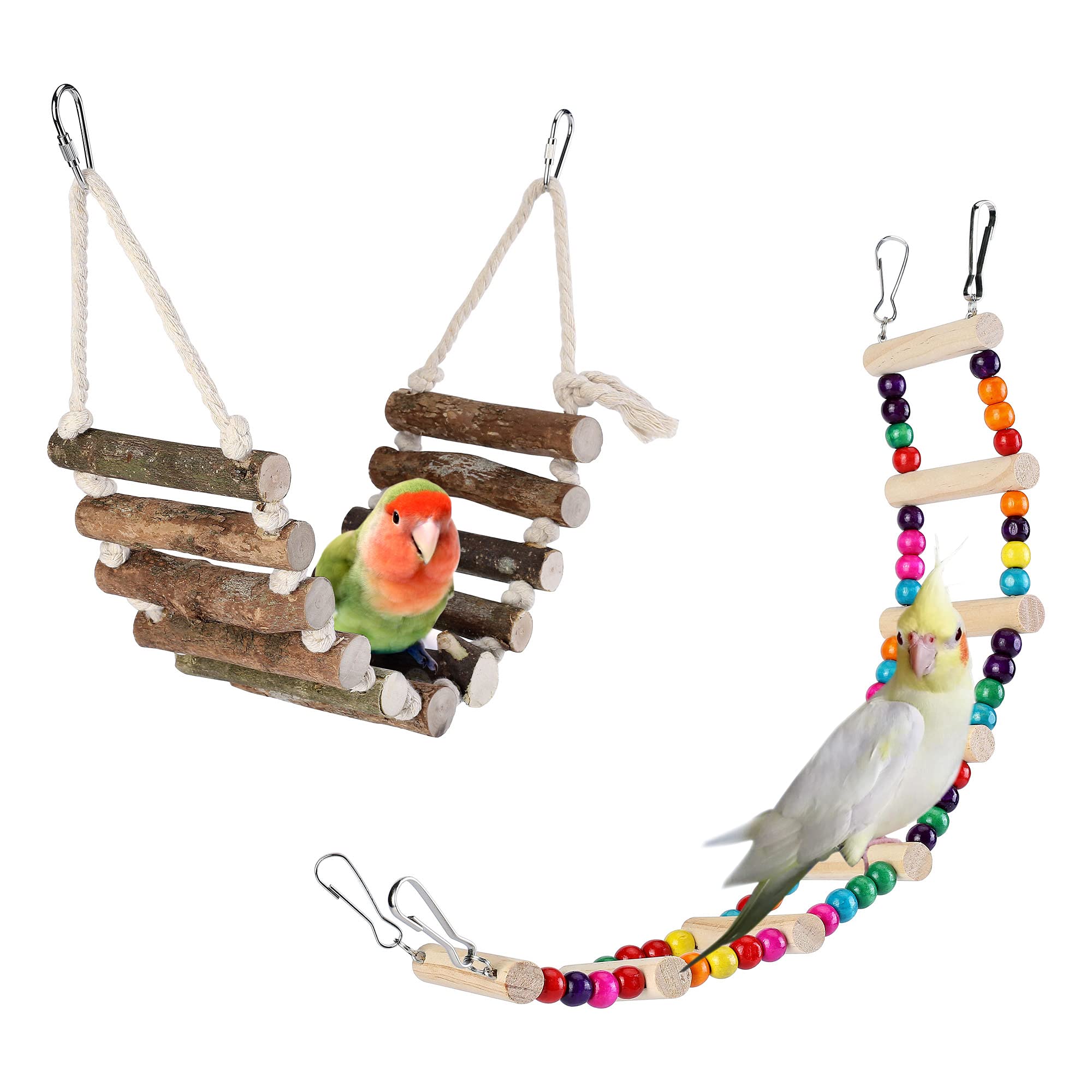 Filhome 2 Pck Bird Parrot Ladder Bridge, Swing Chewing Bird Toys Cage Accessories for Small Parakeets Cockatiels, Conures, Macaws, Finches