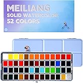 MeiLiang 52 Watercolor Paint Set, Travel Watercolors Set with Drawing Pencil, Paint Brushes, 5 Watercolor Paper, Sponge & Black Drawing Pens, Water Colors Paint for Adults, Art Supplies, Blue Case