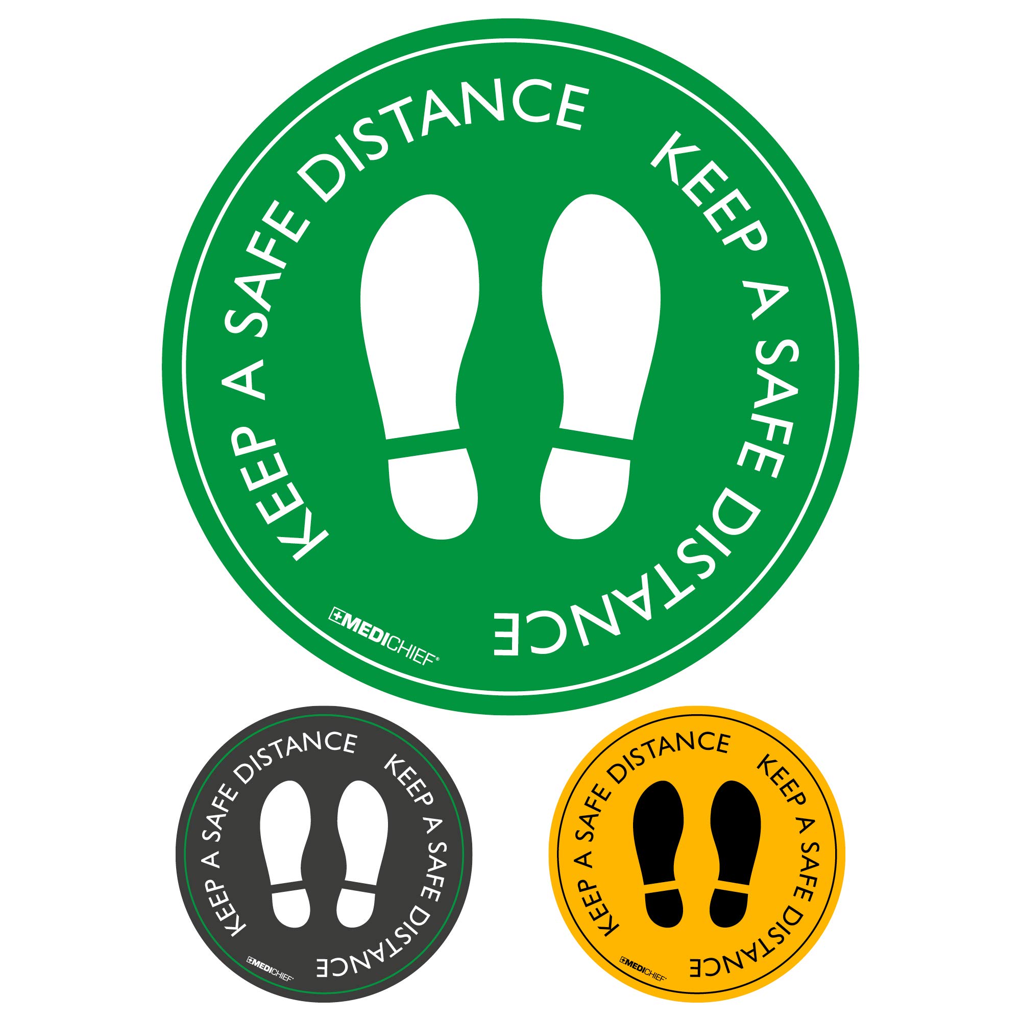 Medichief 'KEEP A SAFE DISTANCE' Self Adhesive Floor Stickers | Pack Of 5 Green Hazard Warning Stickers For Social Distancing | Durable Floor Warning Stickers With Anti Slip Certification