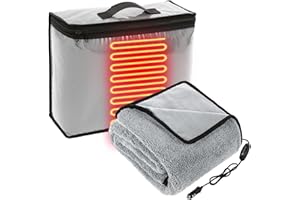 Riakrum 12v Heated Car Blanket 58 x 43 Inch, Portable Heated Blanket 3 Heating Levels, Light Grey Electric Throw with Storage Bag, Adjustable Temperature, for Travel Truck SUV Rv Camping Winter Cold