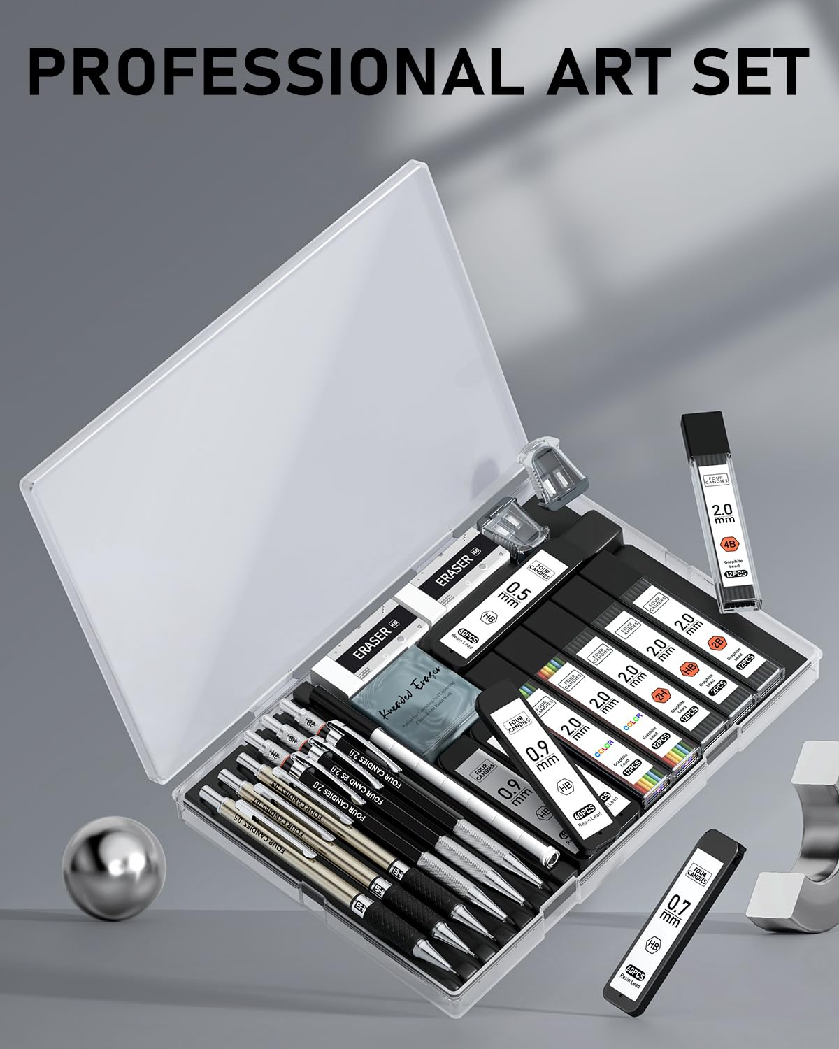 Four Candies 25-teiliges Kunst Druckbleistift-Set mit Etui, Metall-Druckbleistifte 0,5, 0,7, 0,9 mm 2 mm Kupplungsstift (HB 2H 2B 4B Farbe) mit 432 Stück Graphit Minen-Nachfüllungen für Zeichnen 7