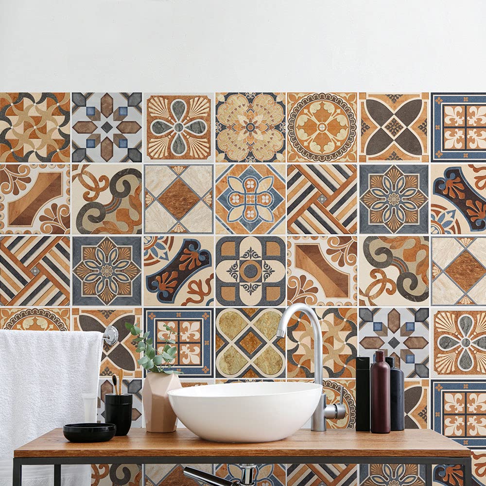 RE-COVERTILES - Tile Stickers for Bathroom and Kitchen 24 Pcs 10x10 cm - PS00242 Wall Decoration in Waterproof PVC Mosaic Tiles Style Azulejos Cement Tiles