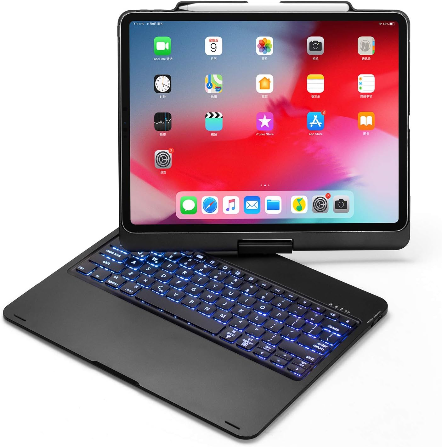 Jennyfly 2020 iPad Pro 12.9 inch Keyboard Case, Auto Sleep-Wake ABS 360 Rotate 7 Color Backlit Bluetooth Keyboard Cover with Pen Holder Wireless Keyboard Case for 2020 iPad Pro 12.9(4th Gen) - Black