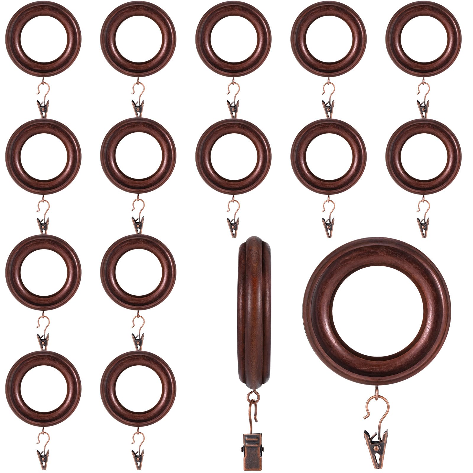 Photo 1 of 16 Pack Curtain Rod Rings Wooden with Drapery Clips 2.95 Inch Outer Diameter Beech Wood Carved Drapes Rings 1.7 Inch Interior Diameter for 1-1.5 Inch Curtain Rod Pole (Black)