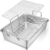 E-far Roasting Pan, 16 x 11.5 Inch Stainless Steel Turkey Roaster with V-Shaped & Flat Rack, Non-Toxic & Heavy Duty Deep Broi