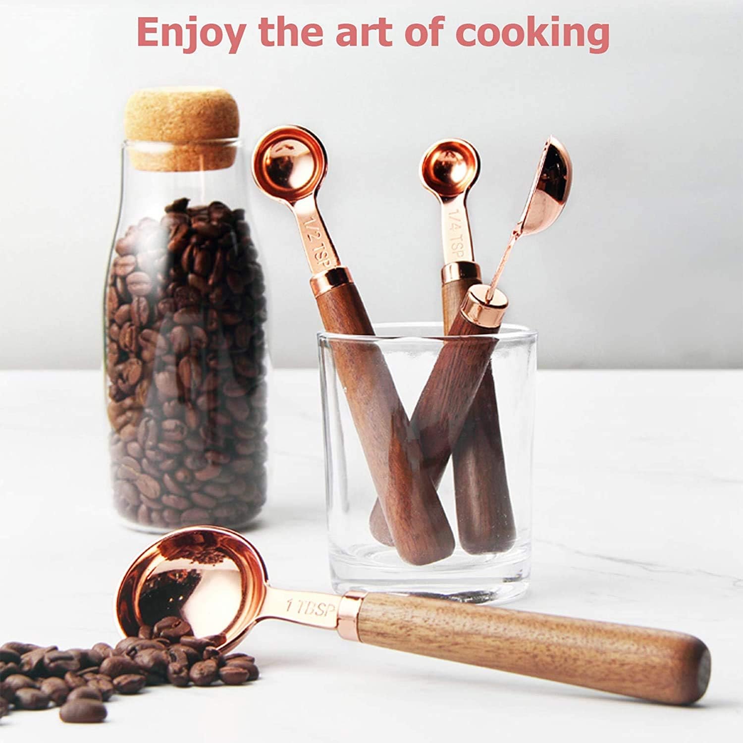Fesino 8 Pcs Measuring Spoons and Cups Tool Set, Dual Scale Unit, Walnut Handle, Mirror Polished for Dry/Liquid Ingredients Kitchen Cooking Baking Set: Kitchen & Dining