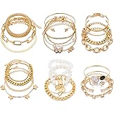 IFKM 6 PACK (24 PCS) Boho Gold Chain Bracelets Set for Women, 14K Gold Plated Multiple Layered Stackable Open Cuff Wrap Bangle Adjustable Link Italian Cuban Jewelry for Women Gift