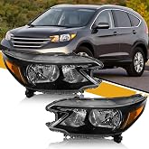 Headlight Assembly Compatible with Honda CR-V 2012 2013 2014 Halogen Type, Pair Set of OE-Style CRV Headlamp Replacements for 33100T0AA01 33150T0AA01, W/O Bulbs, Black Housing Amber Reflector