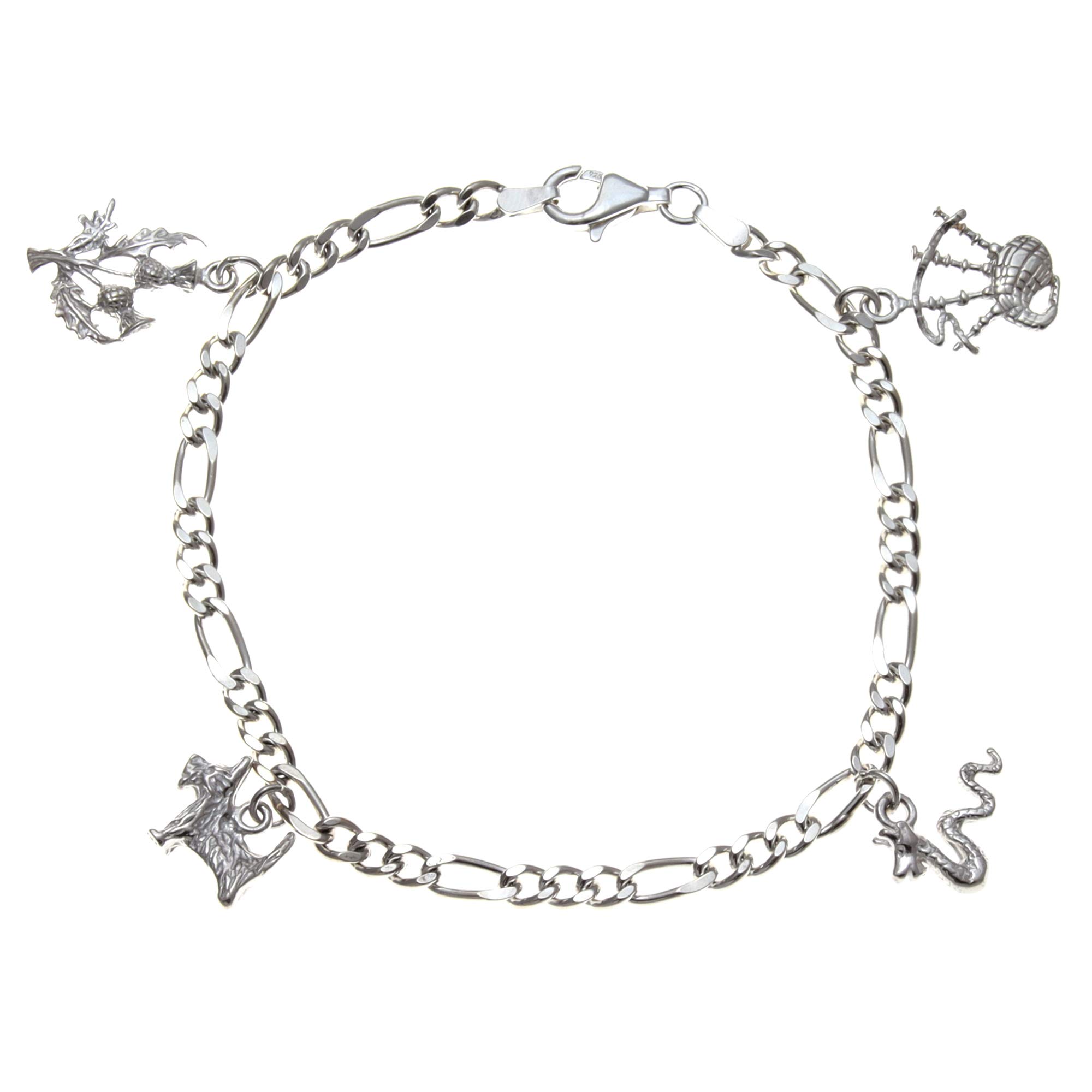 Alexander Castle 925 Sterling Silver Scottish Charm Bracelet with Thistle, Bagpipes, Nessie, & Scotty Dog - Scottish Gift for Women with Jewellery Gift Box