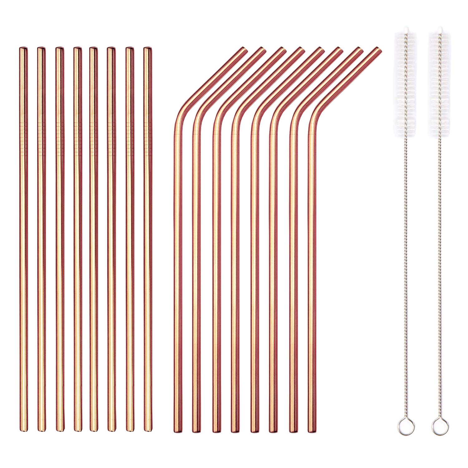 18 Piece Copper Stainless Steel Straws, 8.5 '' Reusable Rose Gold Drinking Straws,with Portable Pouch (8 Straight/8 Bent/2 Brushes)