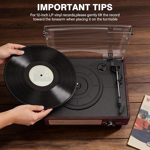 VINYL RECORD PLAYER TURNTABLE WITH BUILT-IN BLUETOOTH RECEIVER & 2 STEREO SPEAKERS, 3 SPEED 3 SIZE PORTABLE RETRO RECORD PLAYER FOR ENTERTAINMENT AND HOME DECORATION