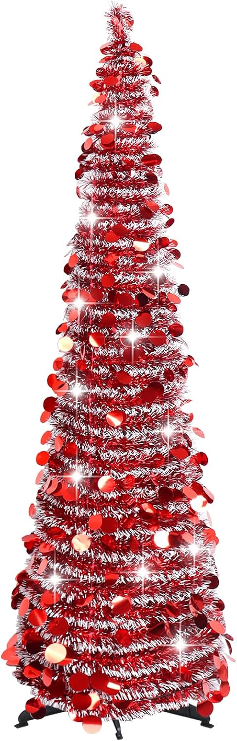 Trees - Pop Up Christmas Tree, 5FT Collapsible Pencil Christmas Trees, Colorful Round Sequin Tinsel Artificial Christmas Trees for Home Holiday Fireplace Party Indoor Outdoor Xmas Decorations (RED)