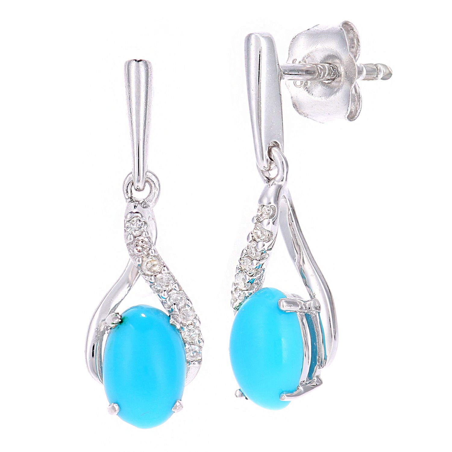 Naava 9ct White Gold Oval Turquoise and Diamond Twist Drop Earrings