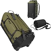 Vrtisa 85L 29“ Foldable Rolling Backpack with Wheels, Soft-side Travel Duffle Bag with Separate Shoe Compartment, Full Quilted Bottom,Army Green