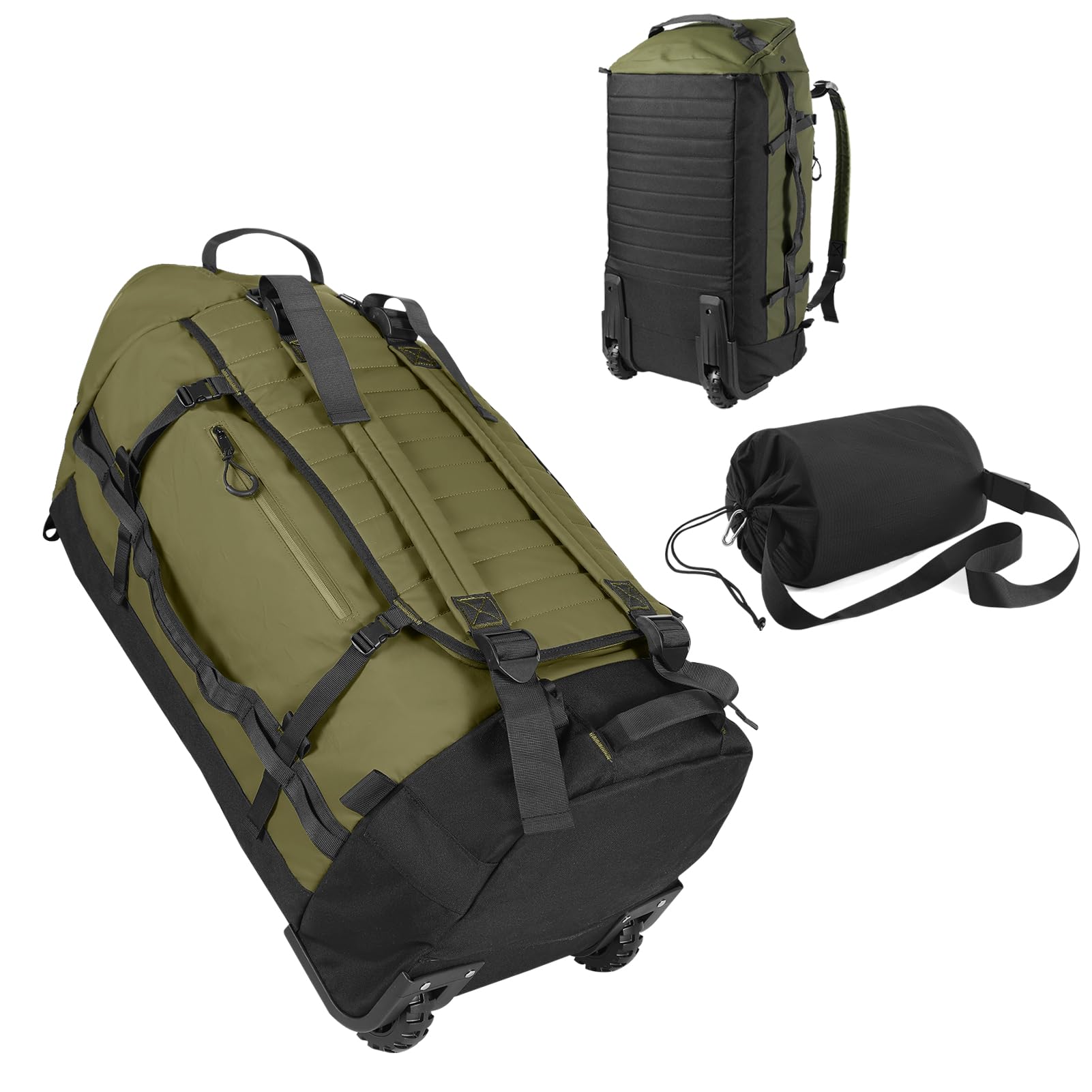 Photo 1 of Vrtisa 85L 29“ Foldable Rolling Backpack with Wheels, Soft-Side Travel Duffle Bag with Separate Shoe Compartment, Full Quilted Bottom, Army Green