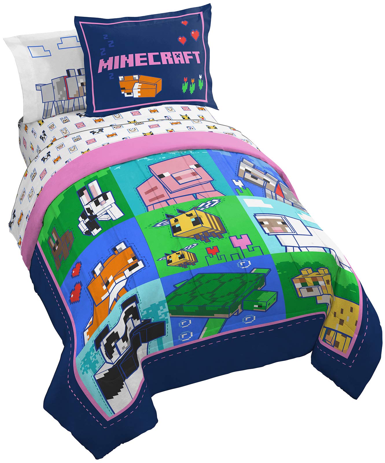 Jay Franco Minecraft Animal Patch 5 Piece Twin Bed Set - Includes Comforter & Sheet Set Bedding - Super Soft Fade Resistant Microfiber (Official Minecraft Product) Image
