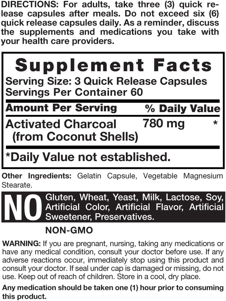 Horbaach Activated Charcoal 180 Capsules | from Coconut Shells | Non-GMO and Gluten Free Pills | Helps Bloating and Digestion: Health & Personal Care