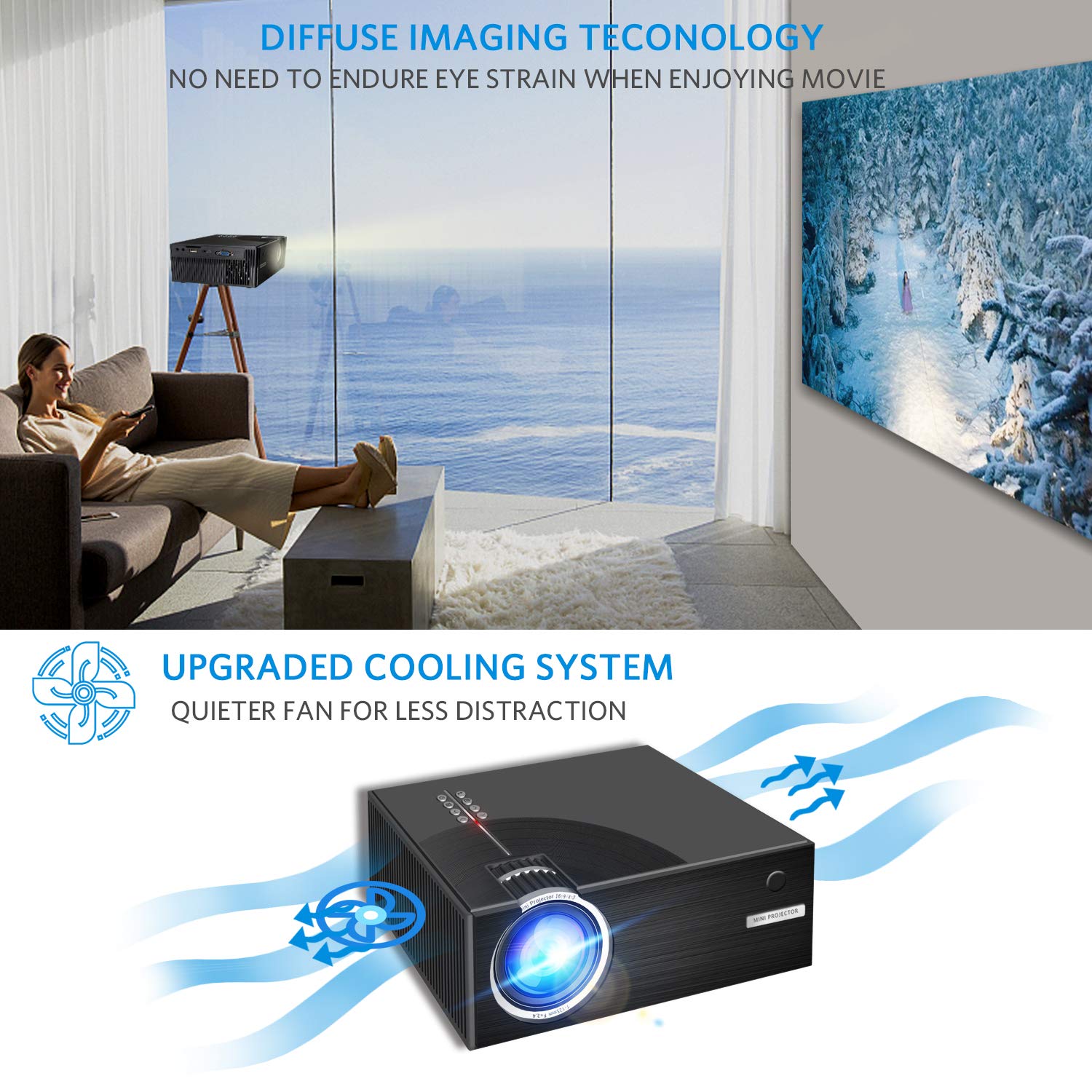 Portable LCD Video Projector - Aoxun 2018 Upgraded C7 Multimedia Home Theater Video Projector Support 1080P Compatiable with HDMI,AV, USB, SD, VGA for Home Cinema TV 2500 Lumens- Black