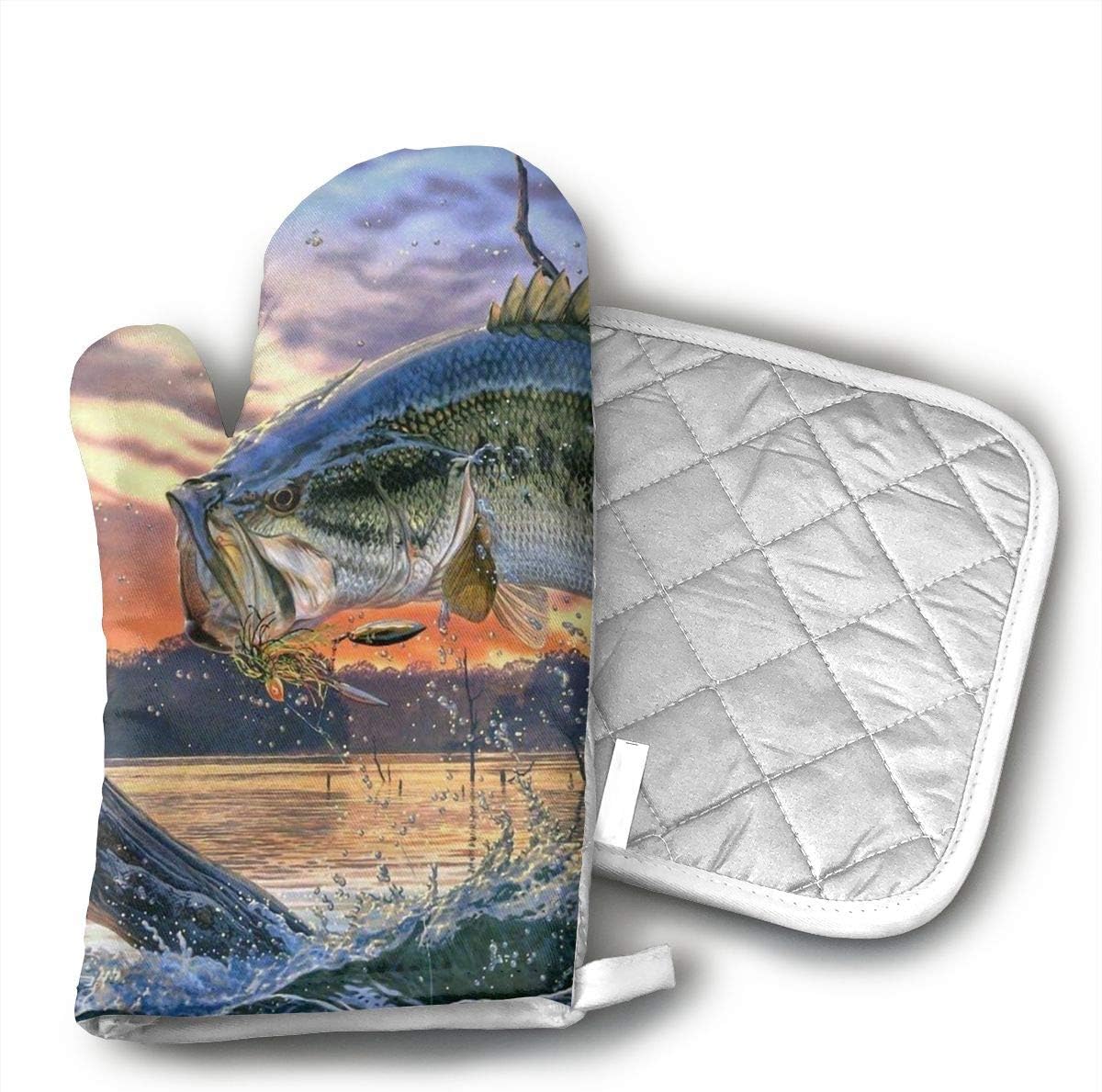 GUYDHL Unisex Oven Mitt and Pot Holder for Bass Fish Jumping - 2 Pair