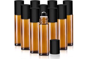 GOT OILS? Your Oil Tools 10 Pack Essential Oil Roller Bottles, 10ml Empty Amber glass bottle with Leak Guard Stainless Steel Roller Balls & Black Caps for oils and perfume