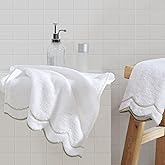 Peri Home 100% Cotton Hand Towel for Bathroom, Embroidered, Soft & Absorbent, 500 GSM, 1 Piece, 16" x 27", White with Sage Scallop